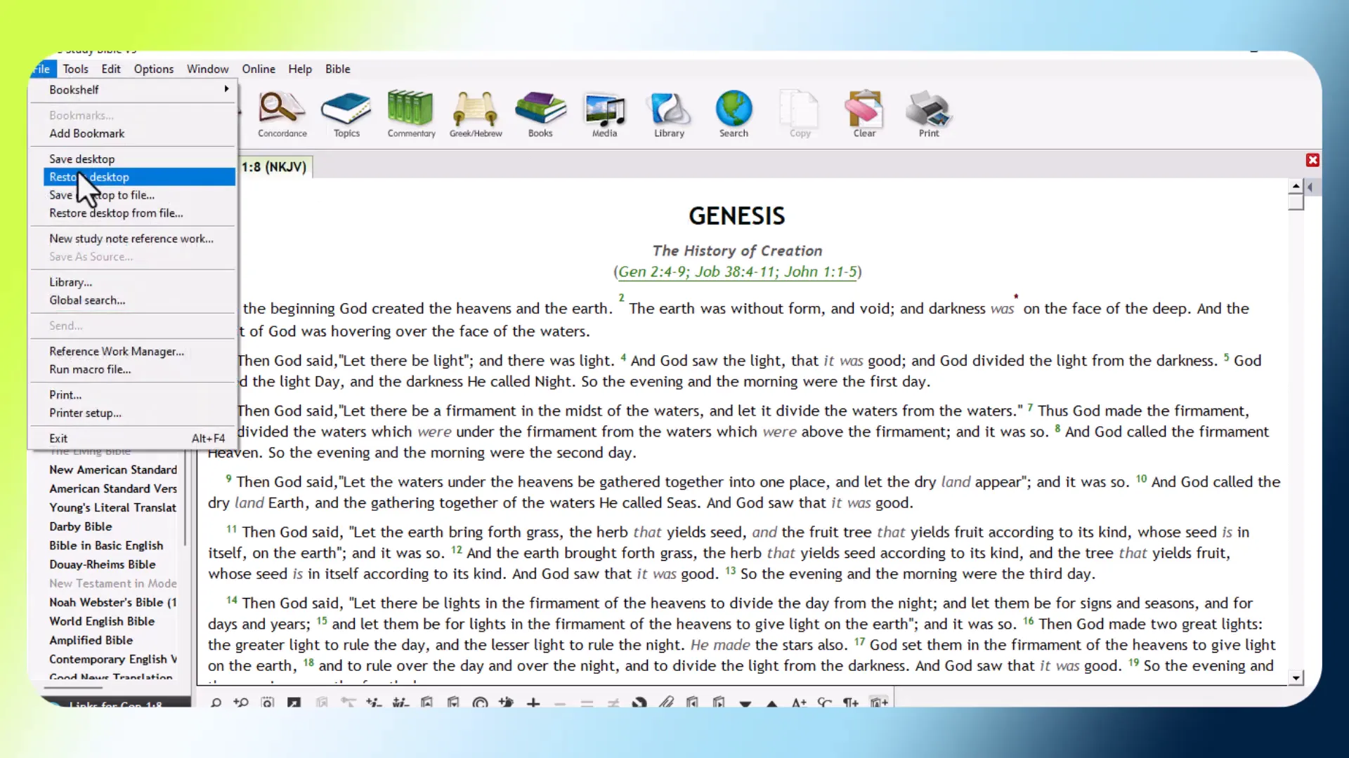 Saving desktop layout in PC Study Bible